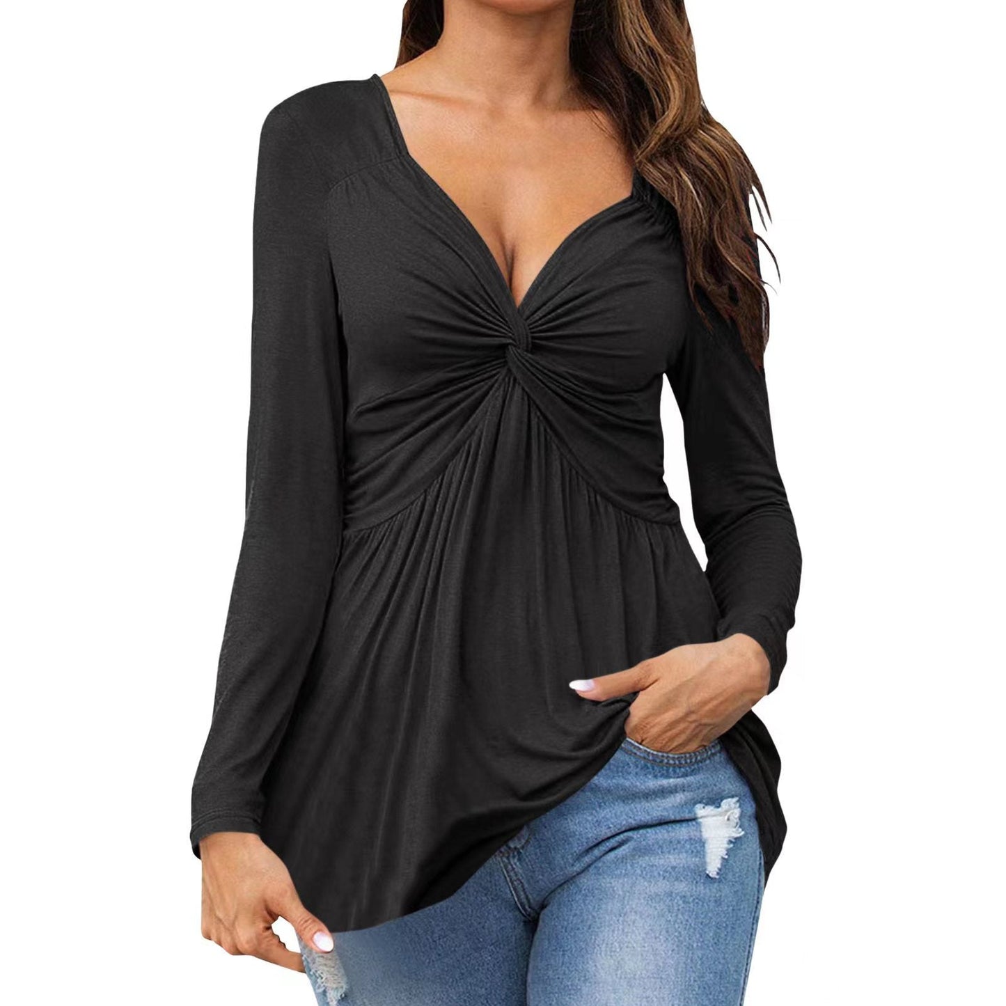 Celine – Elegant Long-Sleeve Tie-Front Top with V-neckline