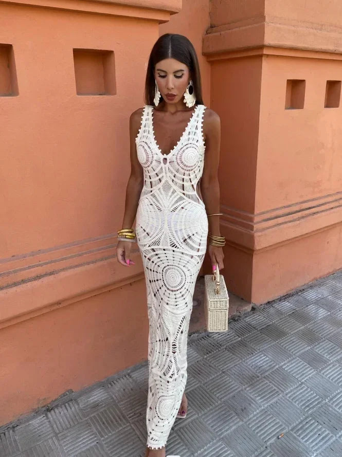Karis – Elegant fitted crochet maxi dress for special occasions