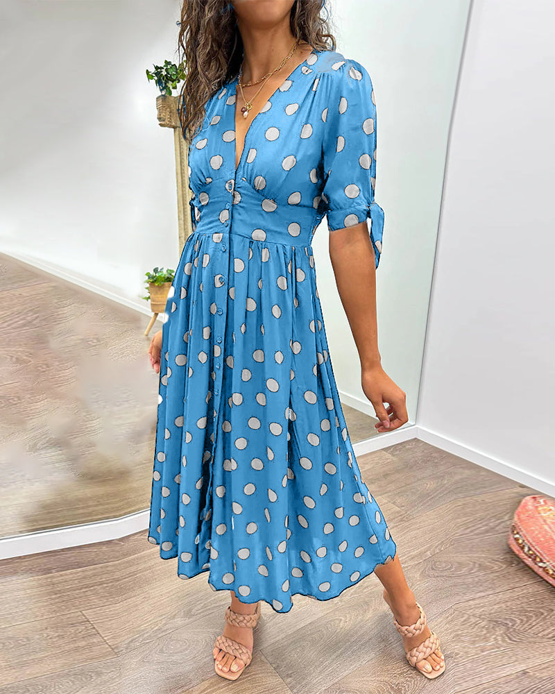 Pennie – Elegant Buttoned Polka Dot Midi Dress for a Chic and Stylish Look