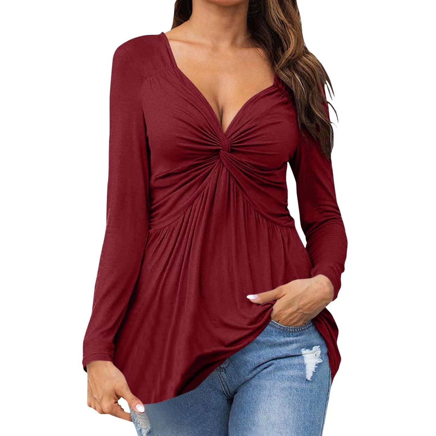Celine – Elegant Long-Sleeve Tie-Front Top with V-neckline