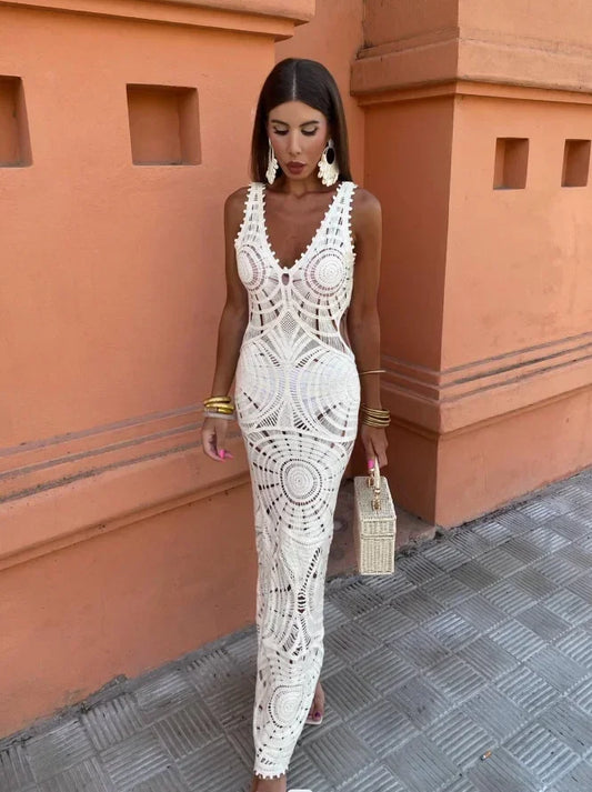 Karis – Elegant fitted crochet maxi dress for special occasions