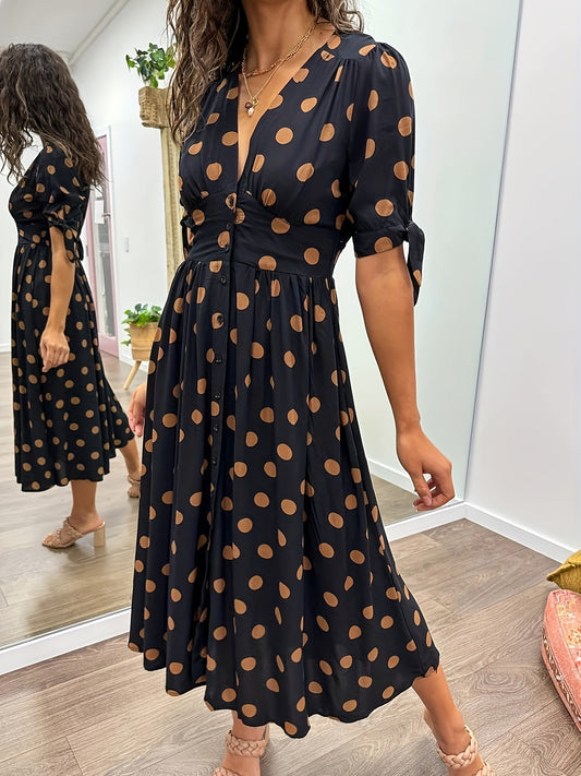 Pennie – Elegant Buttoned Polka Dot Midi Dress for a Chic and Stylish Look