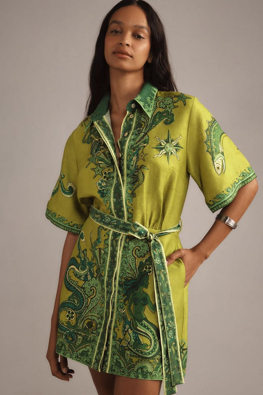 Fioraida – Elegant Embroidered Belted Shirt Dress for a Chic Look